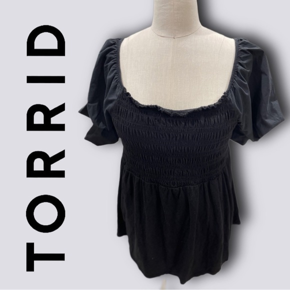 Torrid Babydoll Mixed Fabric Smocked Bodice Puff Sleeve Top - size 3 - Picture 1 of 9